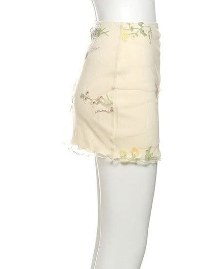 Whimsical Floral Embroidered Ribbed Mini Skirt with Sheer Ruffle Trim