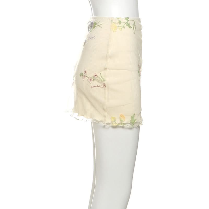 Whimsical Floral Embroidered Ribbed Mini Skirt with Sheer Ruffle Trim
