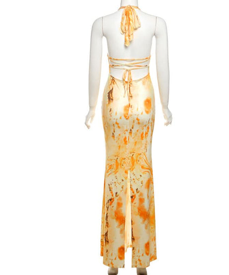 Sunset Dreams Halter Maxi Dress - Vibrant Orange Abstract Print for Fall & Resort Chic