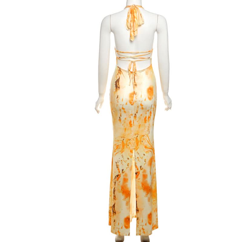 Sunset Dreams Halter Maxi Dress - Vibrant Orange Abstract Print for Fall & Resort Chic