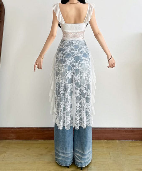 Dreamy Ruffle Lace High-Low Tunic Top - Ethereal Floral Appliqué for Fall Style