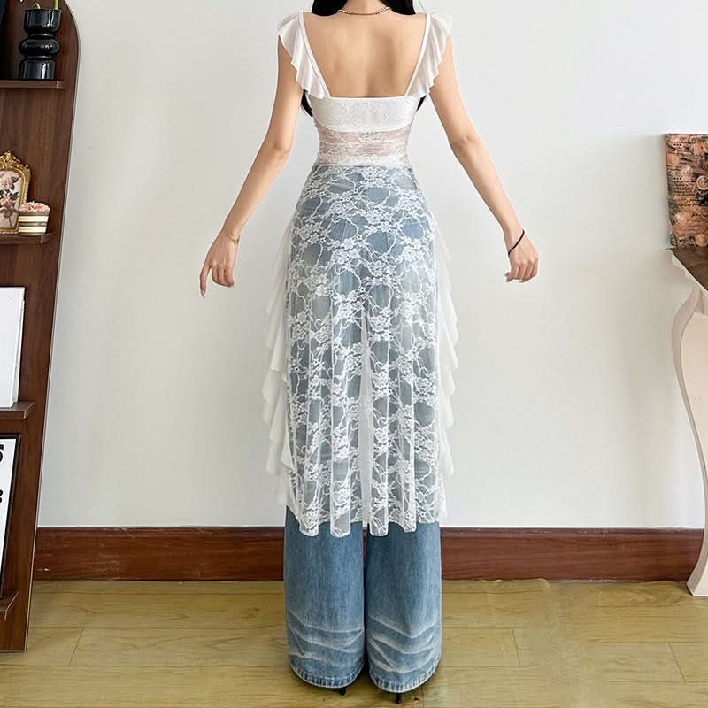 Dreamy Ruffle Lace High-Low Tunic Top - Ethereal Floral Appliqué for Fall Style