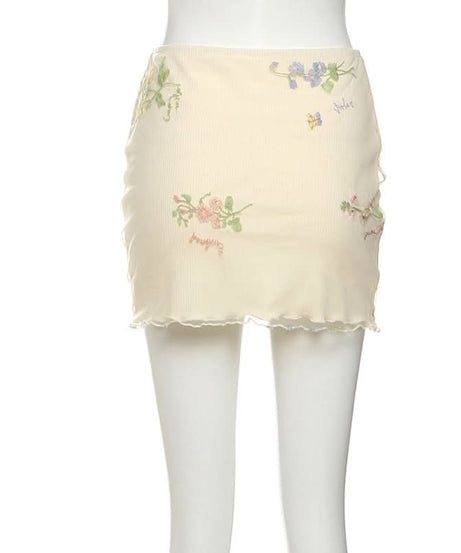 Whimsical Floral Embroidered Ribbed Mini Skirt with Sheer Ruffle Trim