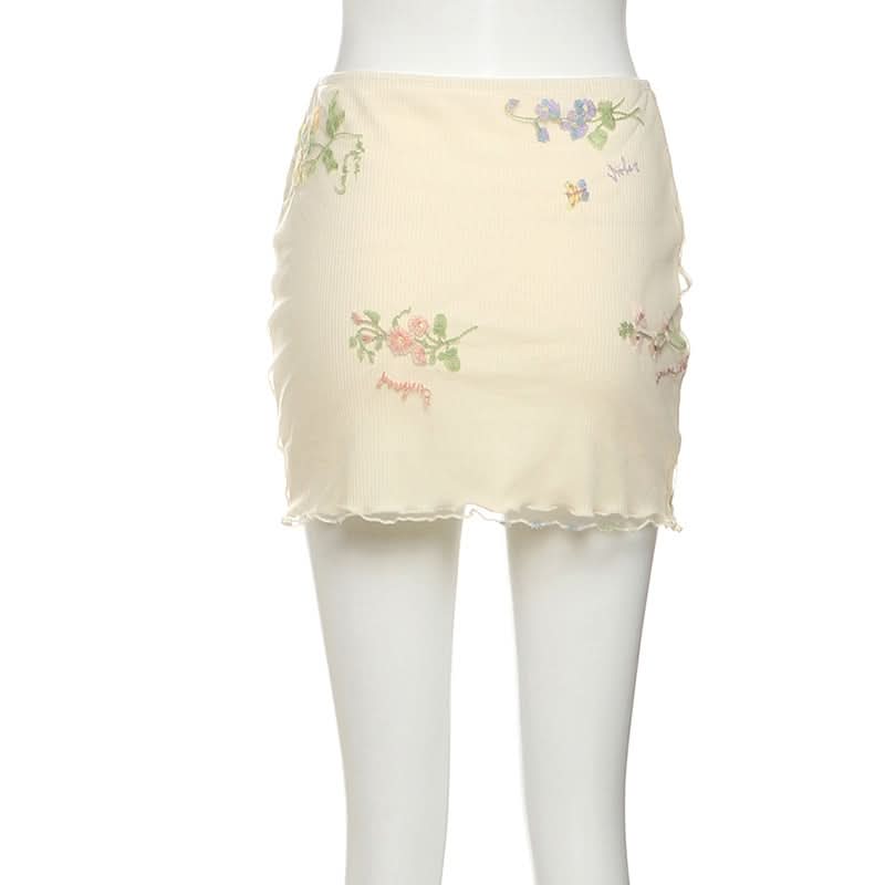 Whimsical Floral Embroidered Ribbed Mini Skirt with Sheer Ruffle Trim