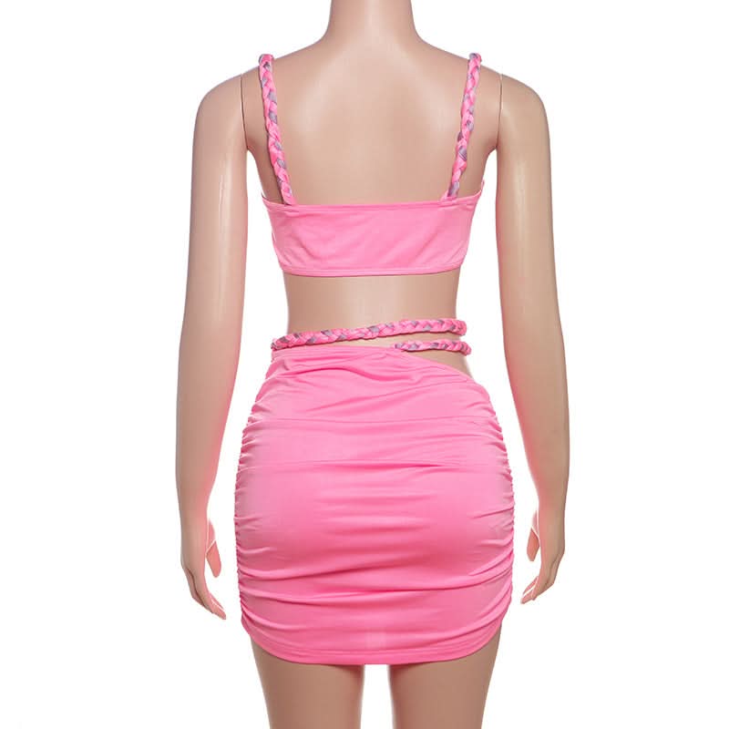 Show-Stopping Hot Pink Braided Ruched Two-Piece Set | Trendy Crop Top & Mini Skirt for Parties & Vacations