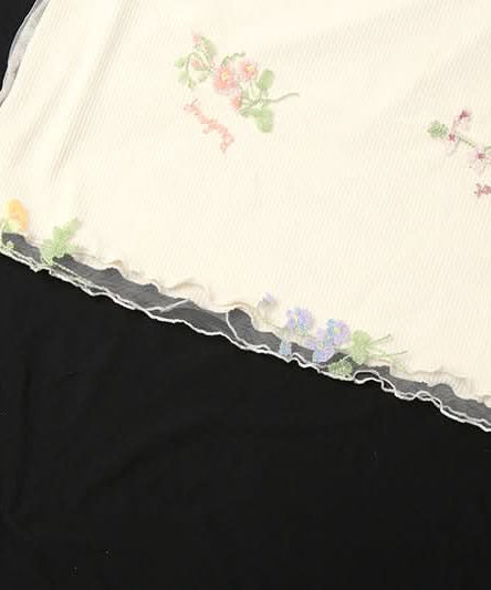 Whimsical Floral Embroidered Ribbed Mini Skirt with Sheer Ruffle Trim