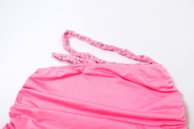 Show-Stopping Hot Pink Braided Ruched Two-Piece Set | Trendy Crop Top & Mini Skirt for Parties & Vacations
