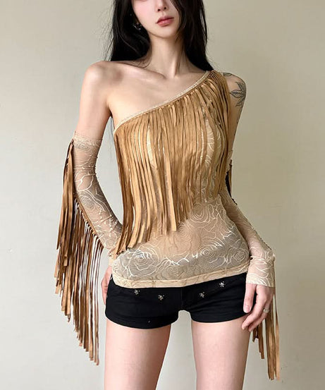 Autumn Allure: Fringe & Rose Mesh One-Shoulder Top with Matching Arm Sleeves