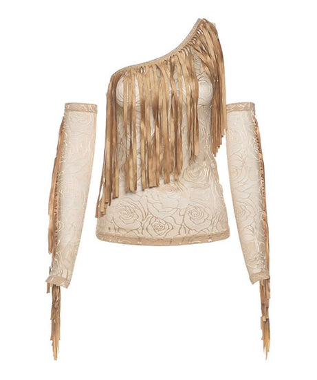 Autumn Allure: Fringe & Rose Mesh One-Shoulder Top with Matching Arm Sleeves