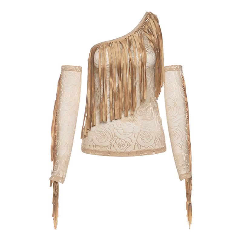 Autumn Allure: Fringe & Rose Mesh One-Shoulder Top with Matching Arm Sleeves