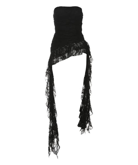 Midnight Siren Strapless Lace Playsuit: Dramatic Ruffled Train Shorts for Halloween & Fall Parties