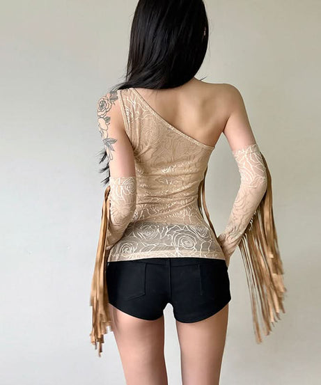 Autumn Allure: Fringe & Rose Mesh One-Shoulder Top with Matching Arm Sleeves
