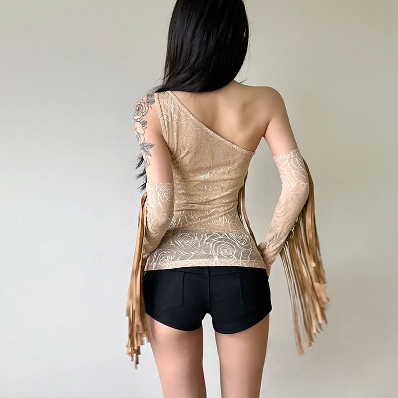 Autumn Allure: Fringe & Rose Mesh One-Shoulder Top with Matching Arm Sleeves