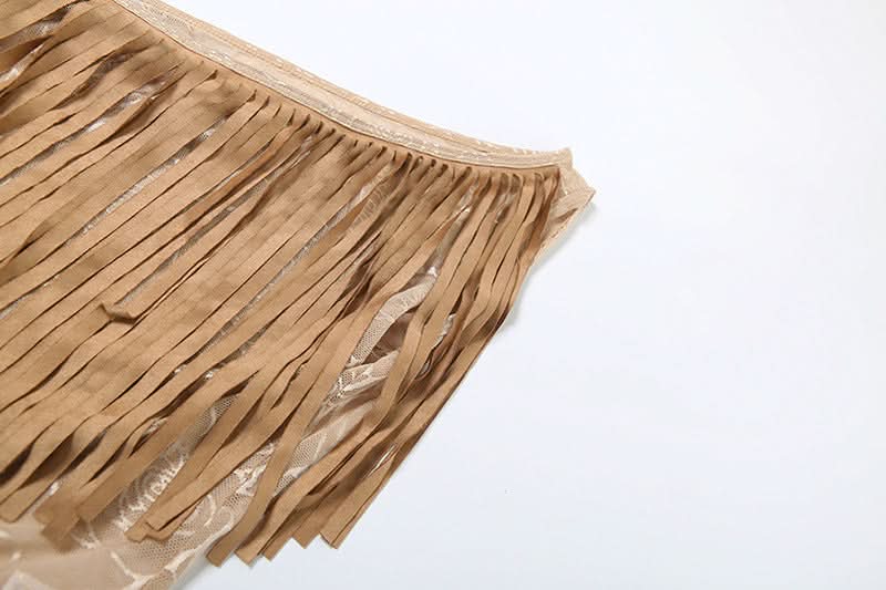 Autumn Allure: Fringe & Rose Mesh One-Shoulder Top with Matching Arm Sleeves