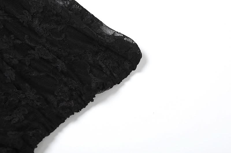Midnight Siren Strapless Lace Playsuit: Dramatic Ruffled Train Shorts for Halloween & Fall Parties