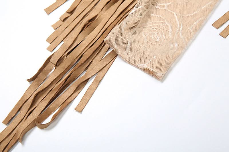 Autumn Allure: Fringe & Rose Mesh One-Shoulder Top with Matching Arm Sleeves