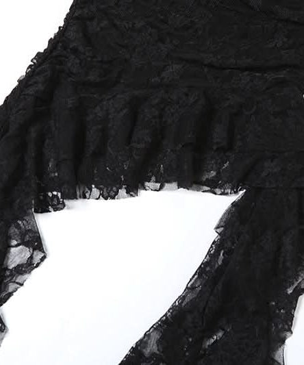 Midnight Siren Strapless Lace Playsuit: Dramatic Ruffled Train Shorts for Halloween & Fall Parties