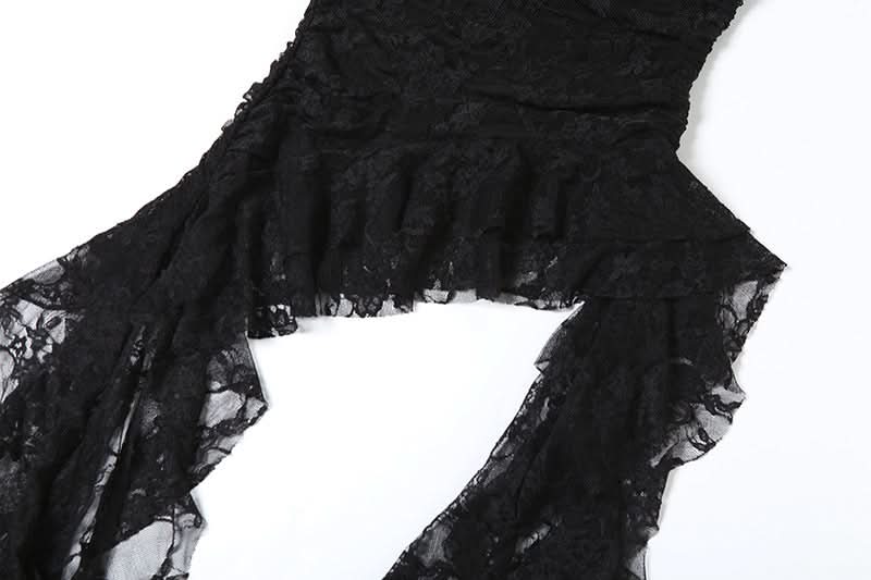 Midnight Siren Strapless Lace Playsuit: Dramatic Ruffled Train Shorts for Halloween & Fall Parties