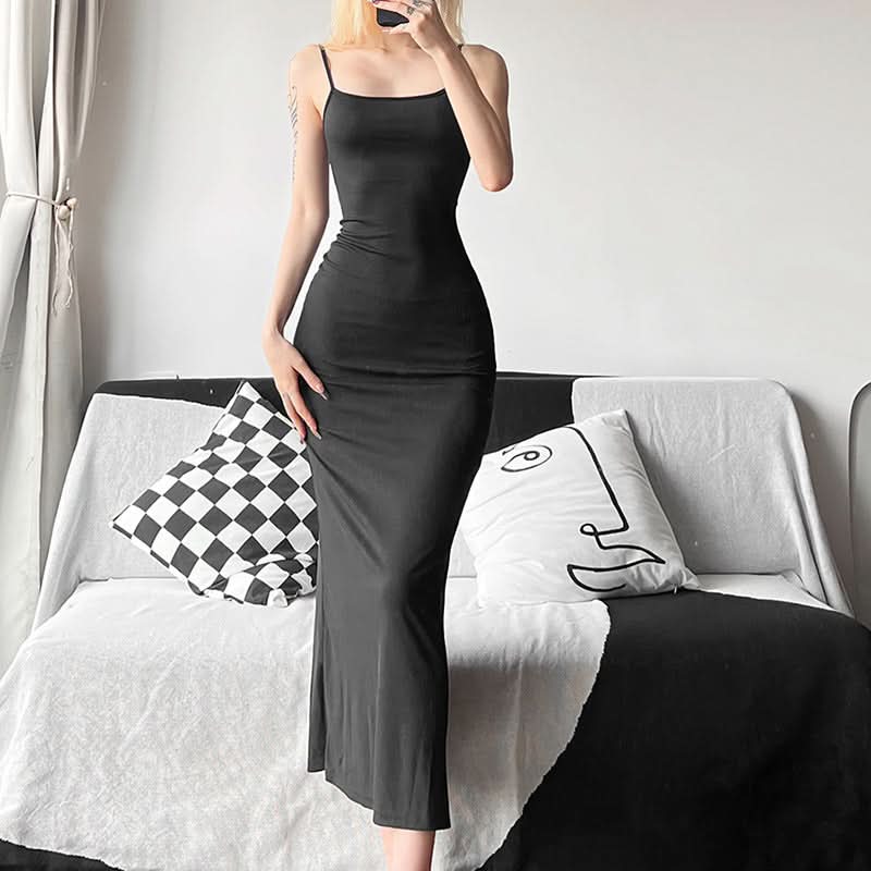 Effortless Chic Black U-Neck Bodycon Cami Maxi Dress - Sleek Backless Style for Fall & Holiday