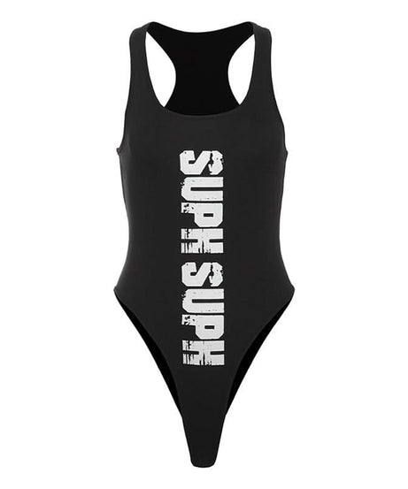 Edgy 'SUPH SUPH' Graphic Racerback Bodysuit | High-Cut & Trendy Fall Layering Essential