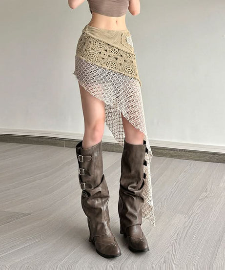 Boho Chic Asymmetrical Crochet Knit Mini Skirt - Fall Festival Grunge Style