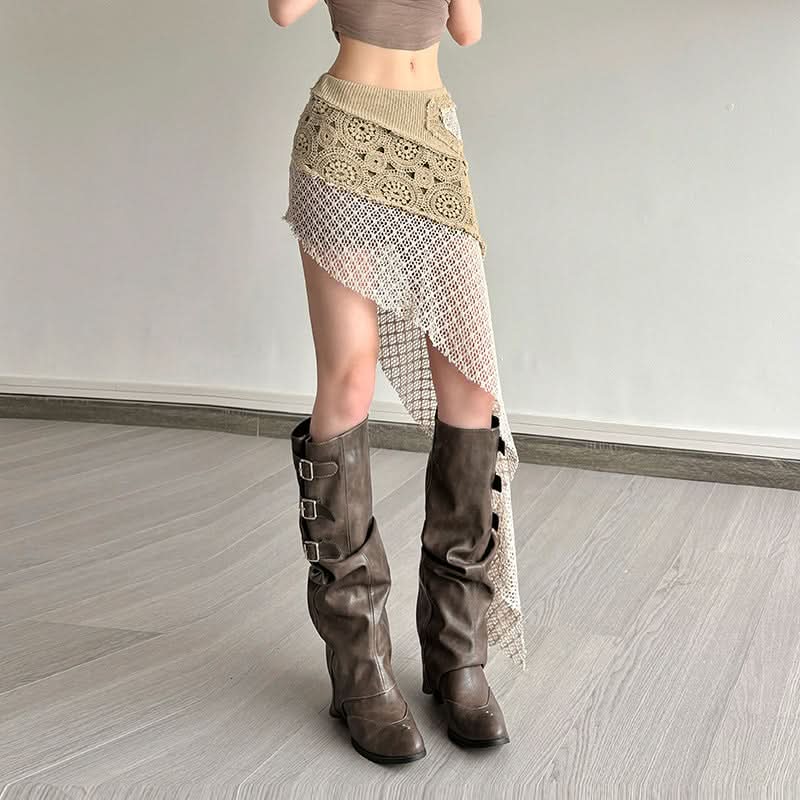 Boho Chic Asymmetrical Crochet Knit Mini Skirt - Fall Festival Grunge Style