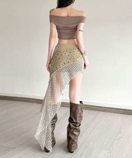 Boho Chic Asymmetrical Crochet Knit Mini Skirt - Fall Festival Grunge Style