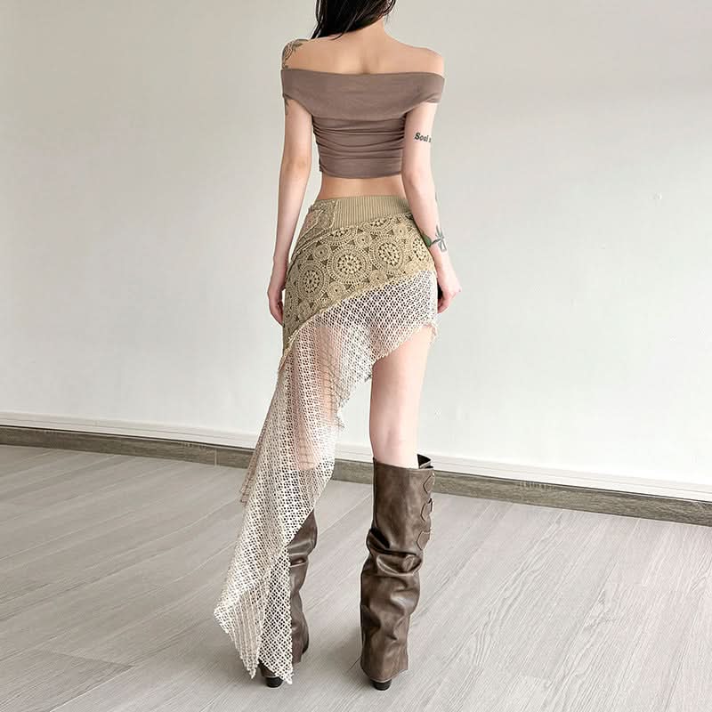 Boho Chic Asymmetrical Crochet Knit Mini Skirt - Fall Festival Grunge Style