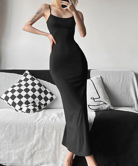 Effortless Chic Black U-Neck Bodycon Cami Maxi Dress - Sleek Backless Style for Fall & Holiday