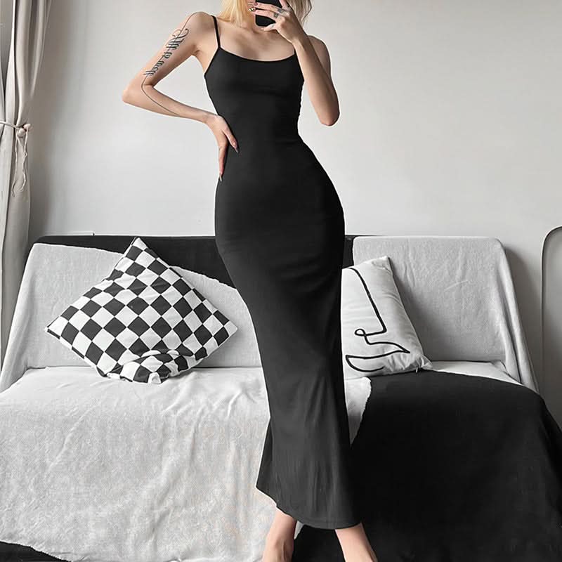 Effortless Chic Black U-Neck Bodycon Cami Maxi Dress - Sleek Backless Style for Fall & Holiday