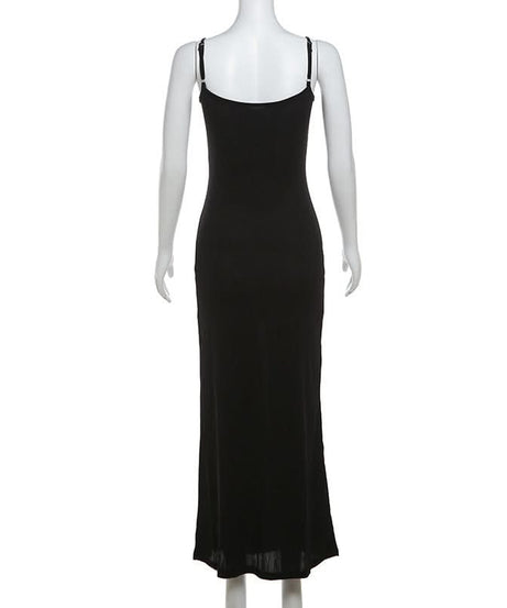 Effortless Chic Black U-Neck Bodycon Cami Maxi Dress - Sleek Backless Style for Fall & Holiday