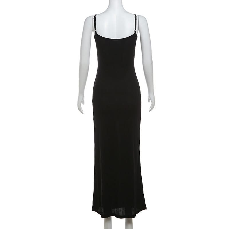 Effortless Chic Black U-Neck Bodycon Cami Maxi Dress - Sleek Backless Style for Fall & Holiday