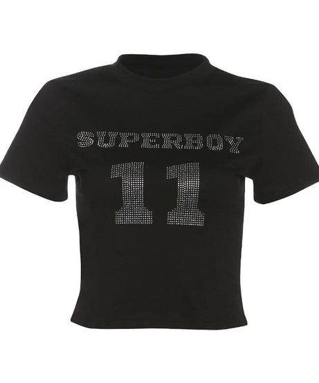 Fall Y2K SUPERBOY 11 Rhinestone Crop Top - Women's Sparkling Gameday Tee