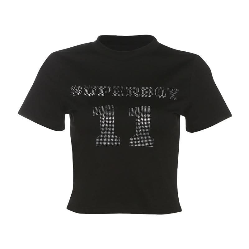 Fall Y2K SUPERBOY 11 Rhinestone Crop Top - Women's Sparkling Gameday Tee