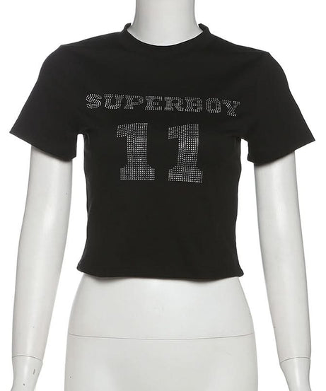 Fall Y2K SUPERBOY 11 Rhinestone Crop Top - Women's Sparkling Gameday Tee