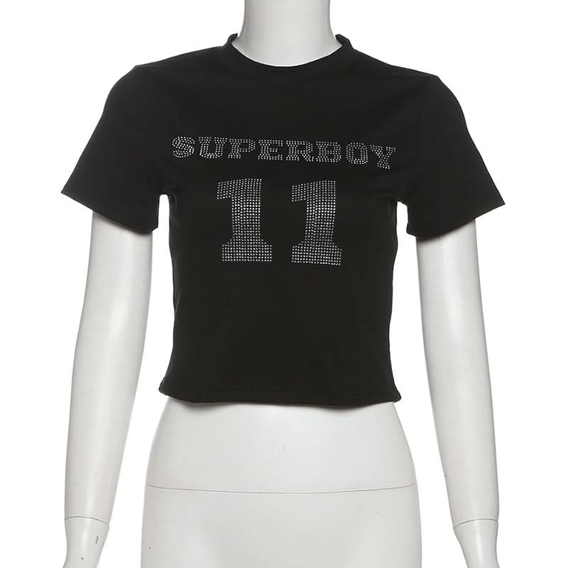 Fall Y2K SUPERBOY 11 Rhinestone Crop Top - Women's Sparkling Gameday Tee
