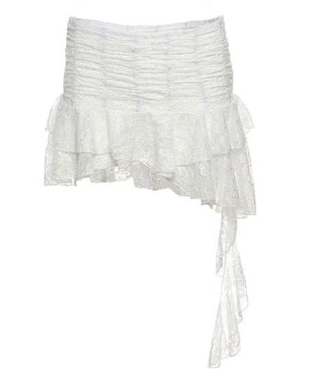 Chic White Lace Asymmetrical Mini Skirt | Ruched Ruffle Hem for Autumn Style