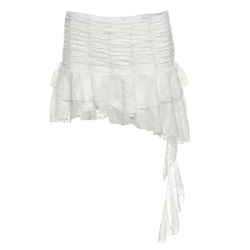Chic White Lace Asymmetrical Mini Skirt | Ruched Ruffle Hem for Autumn Style