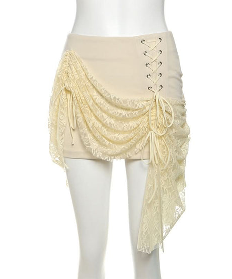 Autumn Dream Lace-Up Corset Mini Skirt - Chic Ruched Lace Overlay for Fall Nights