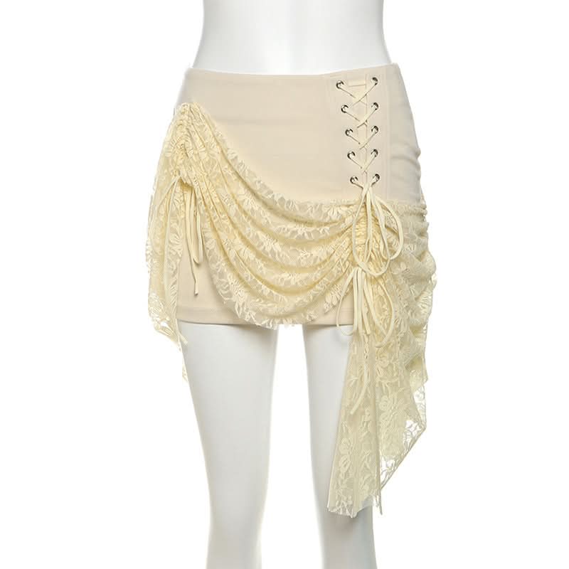 Autumn Dream Lace-Up Corset Mini Skirt - Chic Ruched Lace Overlay for Fall Nights