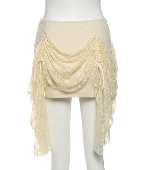 Autumn Dream Lace-Up Corset Mini Skirt - Chic Ruched Lace Overlay for Fall Nights