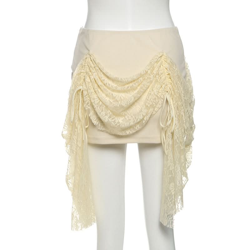 Autumn Dream Lace-Up Corset Mini Skirt - Chic Ruched Lace Overlay for Fall Nights