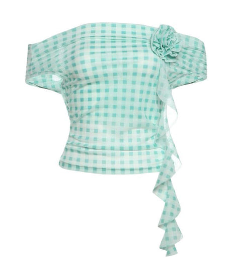 Chic Mint Gingham Off-Shoulder Top with 3D Rose & Cascading Ruffle – Your Fall Vacation & Resort Essential