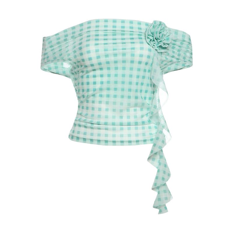 Chic Mint Gingham Off-Shoulder Top with 3D Rose & Cascading Ruffle – Your Fall Vacation & Resort Essential