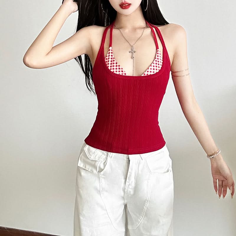 Autumn Chic: Red Ribbed Halter Tank & Gingham Bralette 2-Piece Set - Trendy Fall Layering Top