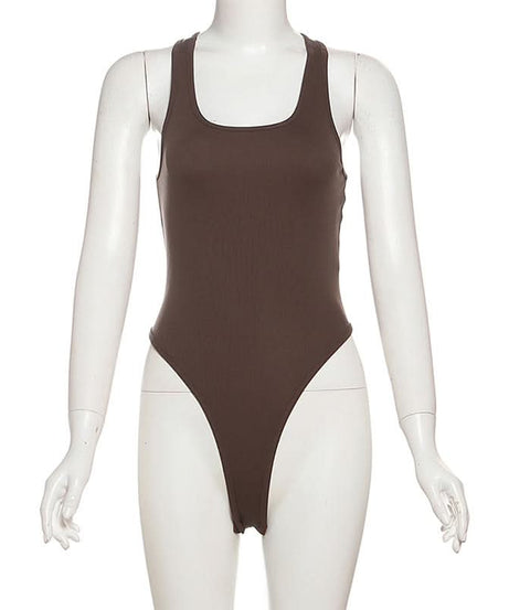 Effortless Fall Chic: Women's Espresso Racerback Bodysuit - Sculpting Scoop Neck Tank