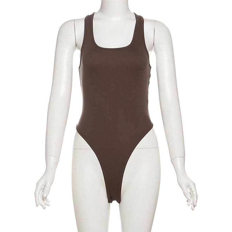 Effortless Fall Chic: Women's Espresso Racerback Bodysuit - Sculpting Scoop Neck Tank