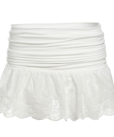 Y2K Chic White Ruched Mini Skirt with Eyelet Lace & Studded Belt – Your Trendy Fall & Vacay Essential