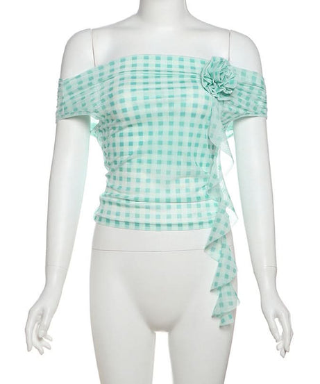 Chic Mint Gingham Off-Shoulder Top with 3D Rose & Cascading Ruffle – Your Fall Vacation & Resort Essential