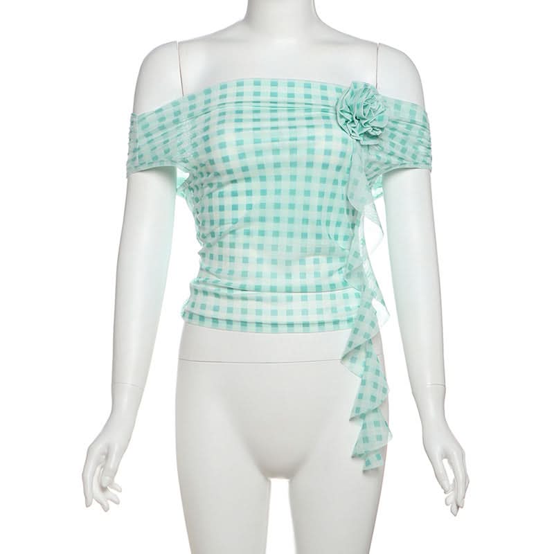 Chic Mint Gingham Off-Shoulder Top with 3D Rose & Cascading Ruffle – Your Fall Vacation & Resort Essential